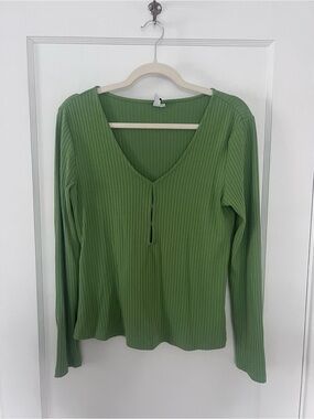 & Other Stories green Ribbed V-Neck Long-Sleeve Top